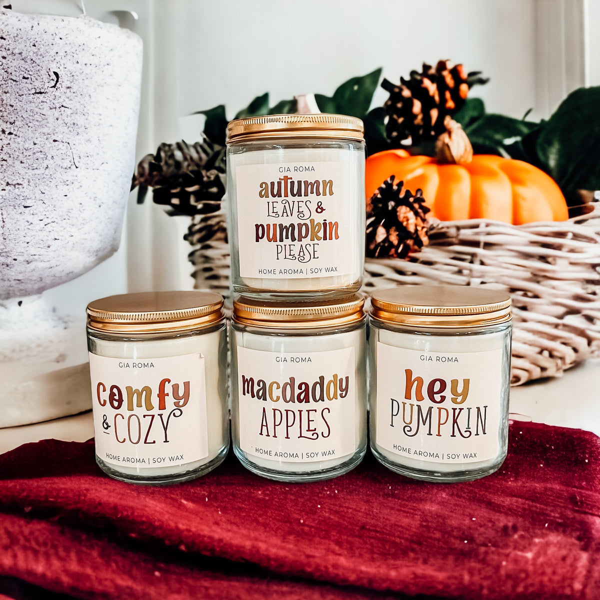 Macdaddy Apples candle with Autumn Leaves, Comfy Cozy and Hey Pumpkin candles