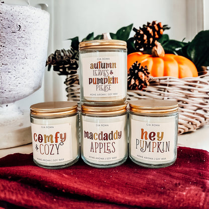 Macdaddy Apples candle with Autumn Leaves, Comfy Cozy and Hey Pumpkin candles