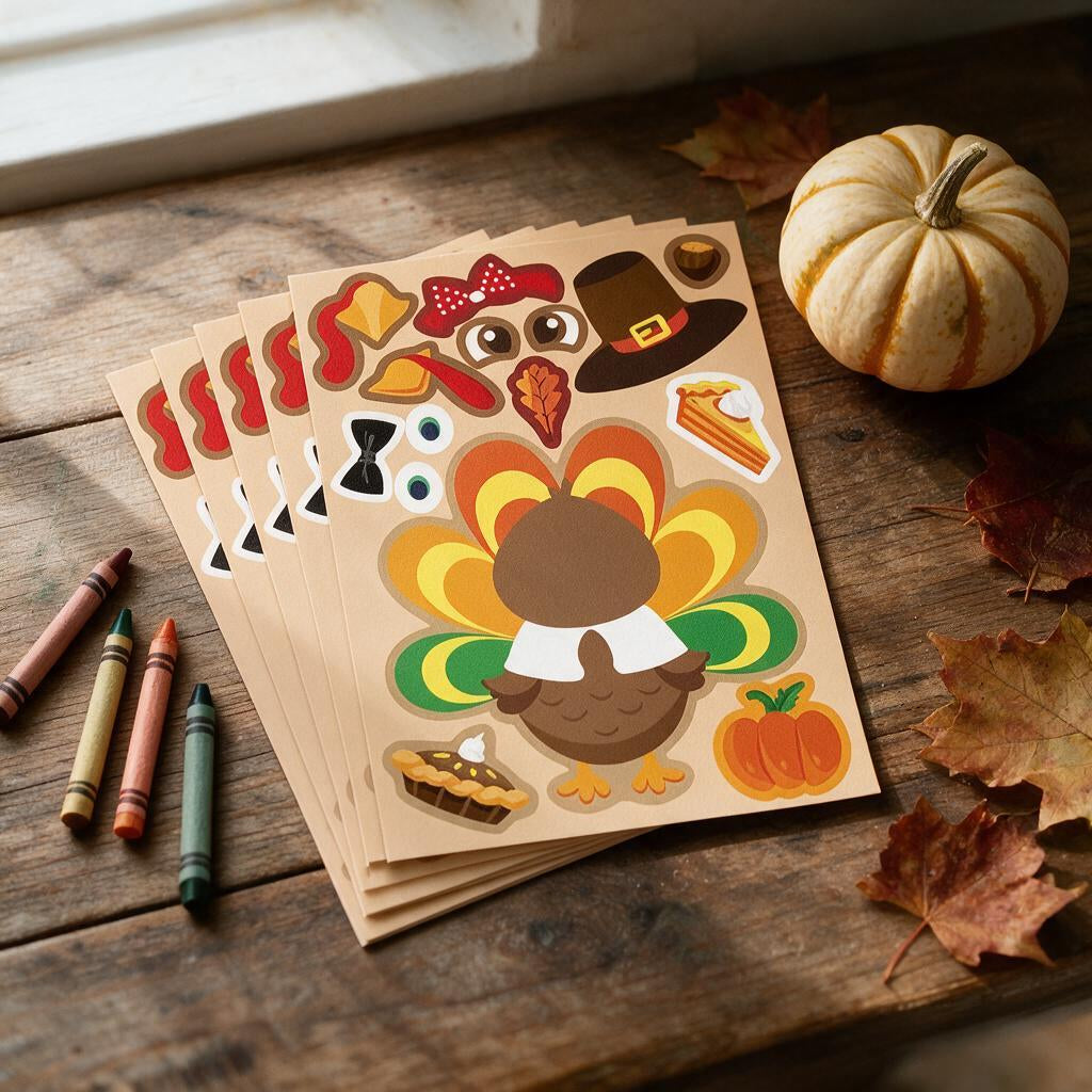 Make-a-turkey sticker sheets fanned out on a wooden table with crayons, a mini pumpkin and maple leaves