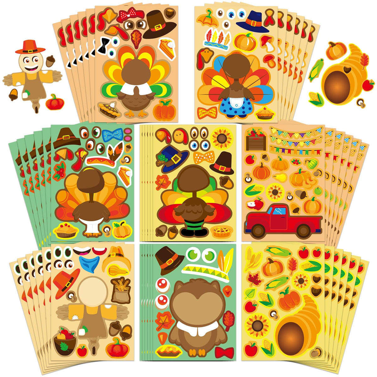 Make-a-turkey sticker sheets with turkey, scarecrow, pilgrim and harvest stickers