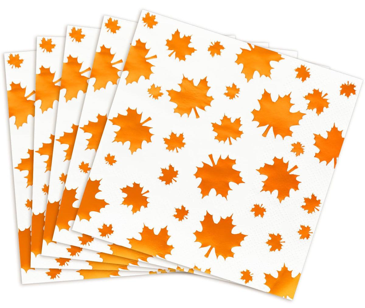 White cocktail napkins with orange foil maple leaves fanned out on white