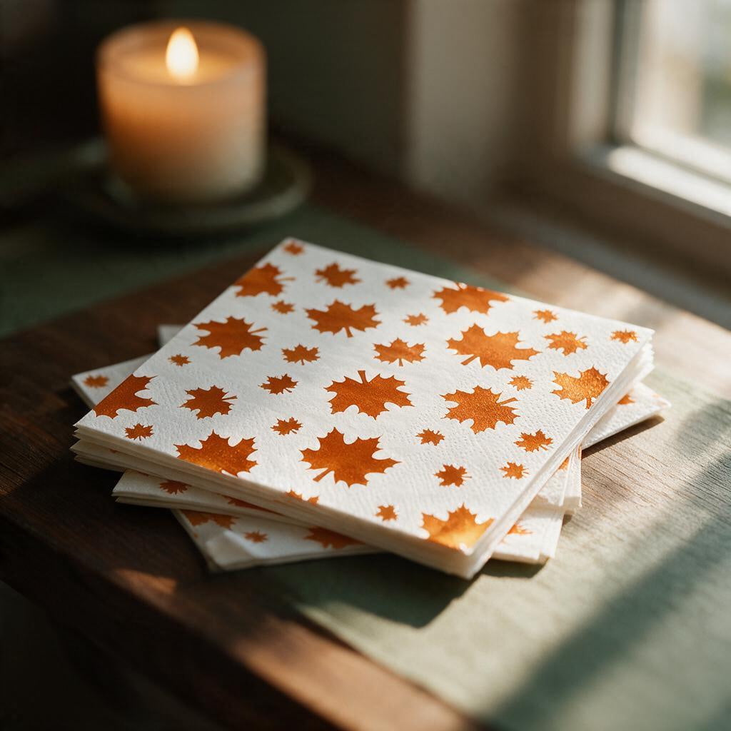 Close-up of white cocktail napkins with shiny orange foil maple leaves catching candlelight