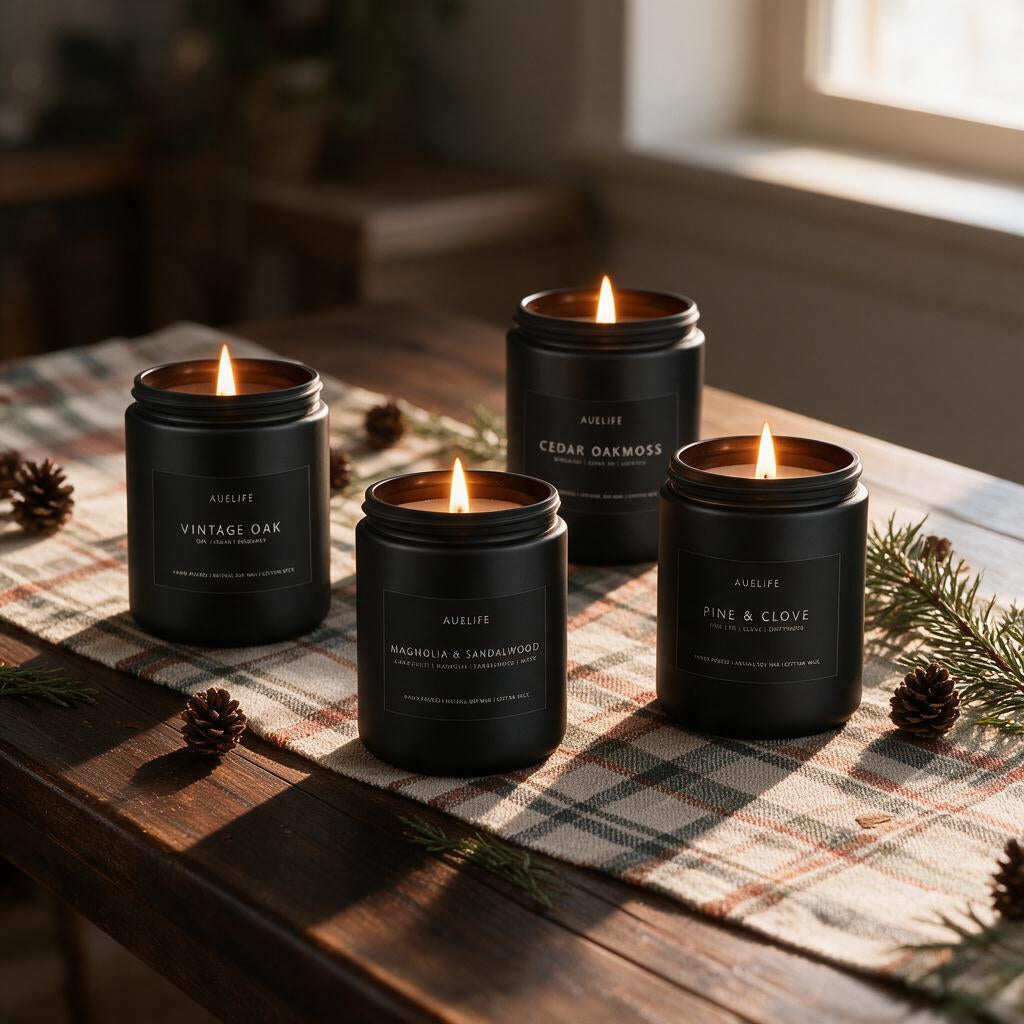 Set of four black jar candles lit on a dark wood table with pinecones and cedar sprigs
