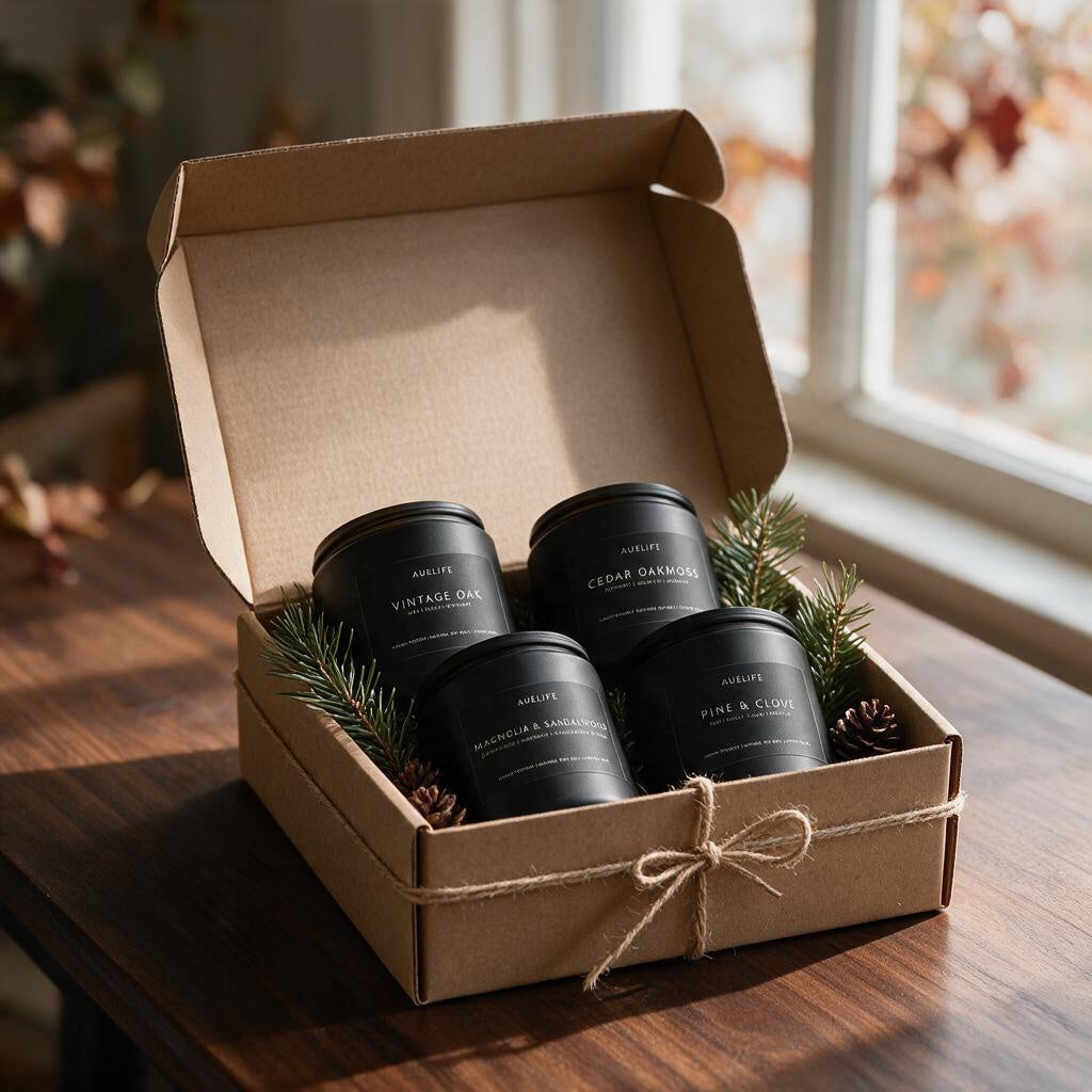 Four matte black men's soy candles in a kraft gift box tied with twine, with pine sprigs and pinecones