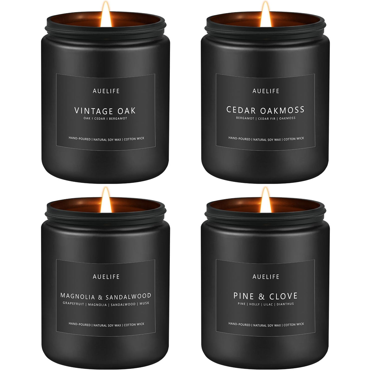 Four matte black soy candles on white: Vintage Oak, Cedar Oakmoss, Magnolia & Sandalwood and Pine & Clove