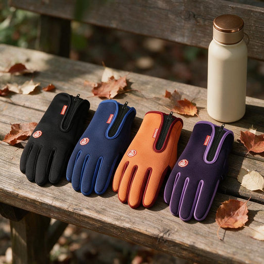Touchscreen winter gloves in black, blue, orange and purple on a wooden bench with autumn leaves