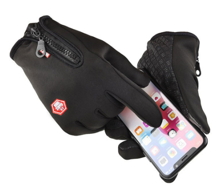 Black touchscreen winter glove using a smartphone