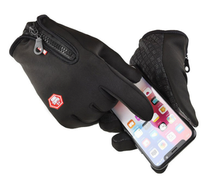 Black touchscreen winter glove using a smartphone