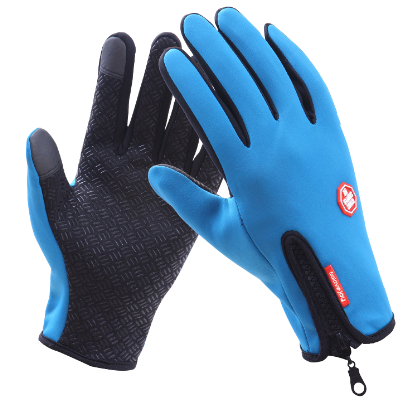 Blue winter gloves showing the textured non-slip palm and zipper cuff