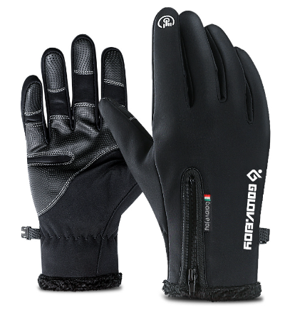 Black windproof winter gloves with touchscreen fingertips and fleece lining