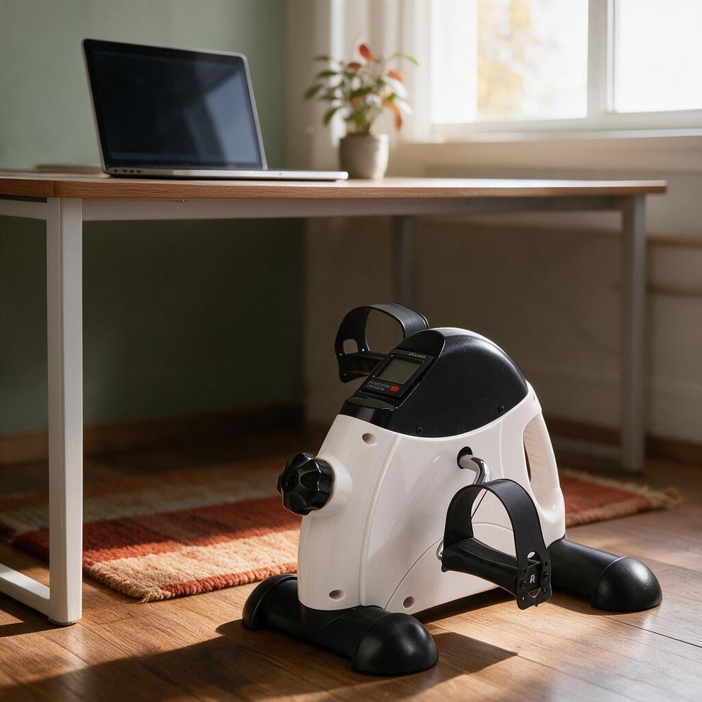 Mini under-desk pedal exercise bike beneath a home office desk