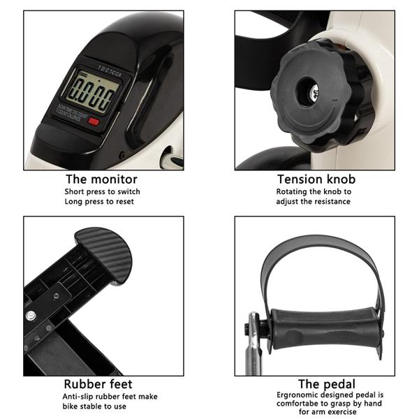 Mini exercise bike details: monitor, tension knob, rubber feet and pedals
