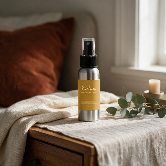 Nurture room and linen spray on a cozy nightstand with eucalyptus and a candle