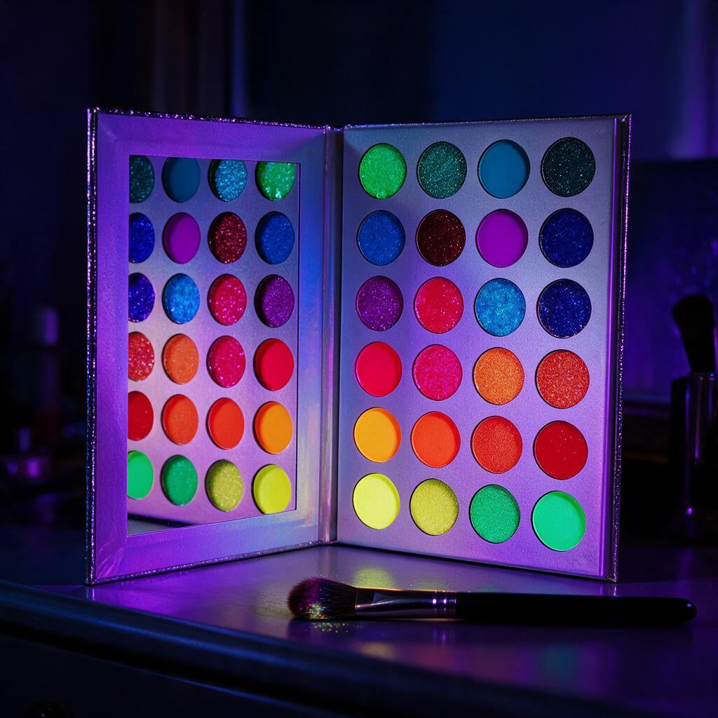 24-color neon eyeshadow palette with mirror glowing under blacklight beside a makeup brush
