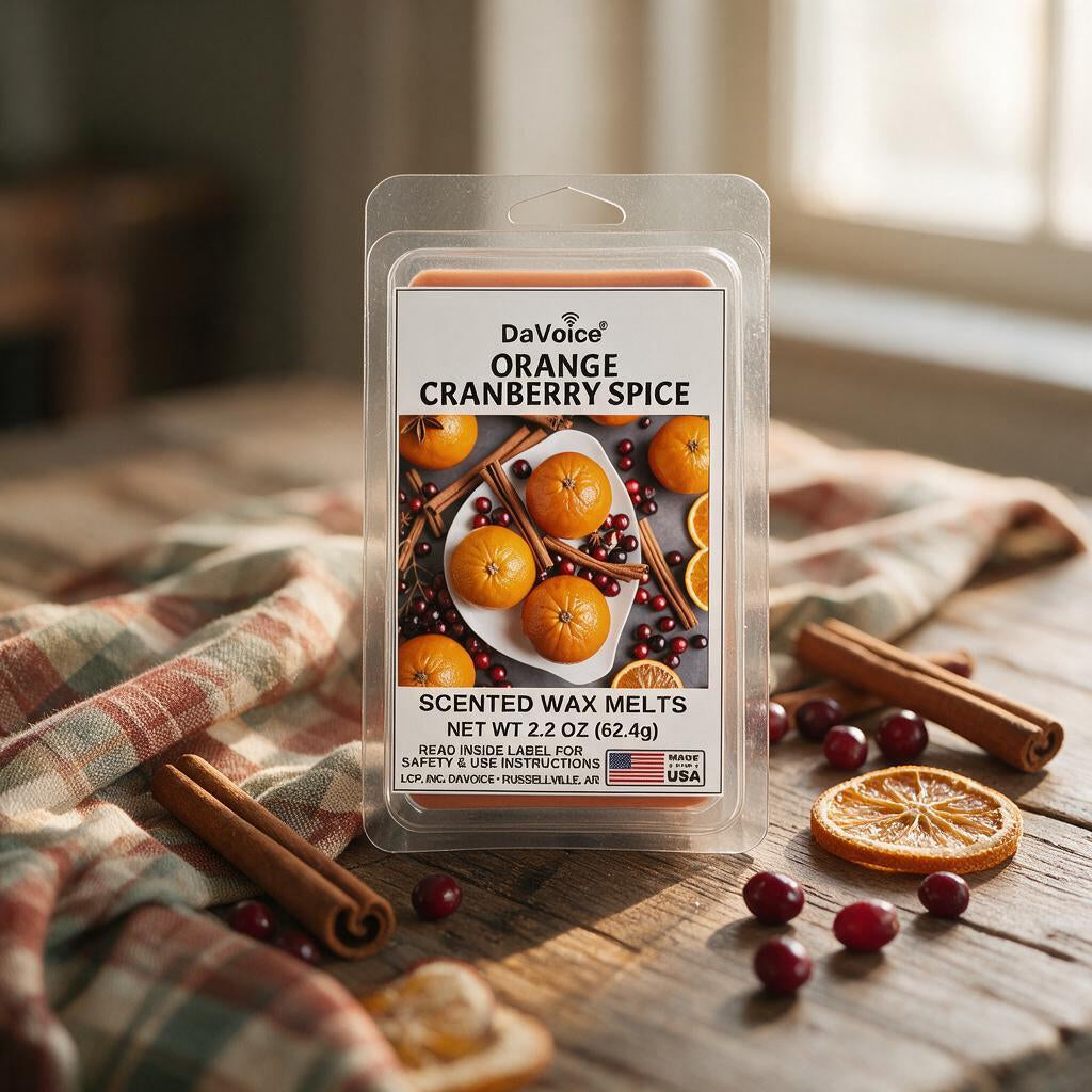 Orange cranberry spice wax melts pack with cranberries, orange slices and cinnamon sticks