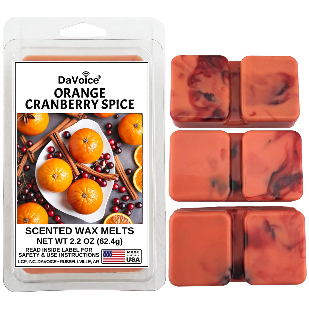 Orange Cranberry Spice scented wax melts package beside six marbled orange wax cubes