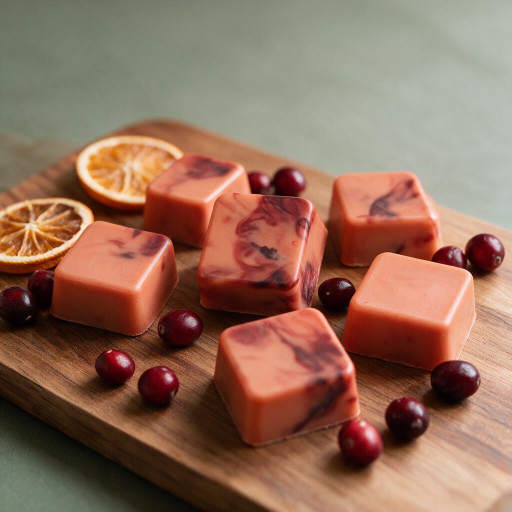 Close-up of marbled orange cranberry spice wax melt cubes on a wood board with dried orange slices and cranberries