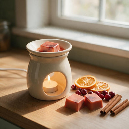 Orange cranberry spice wax melt cube melting in a ceramic wax warmer with orange slices, cranberries and cinnamon