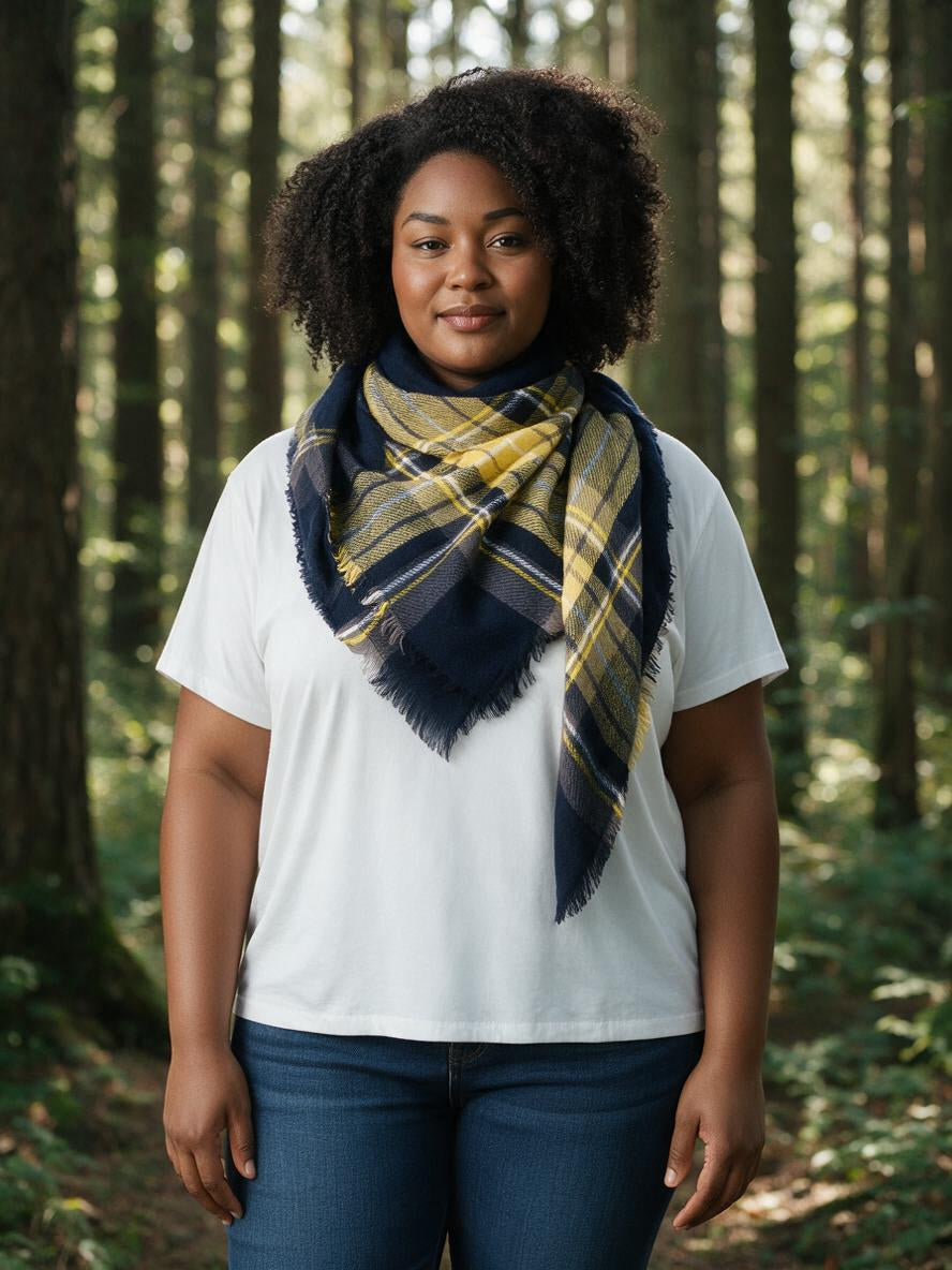 Woman wearing the navy and yellow tartan blanket scarf in a forest