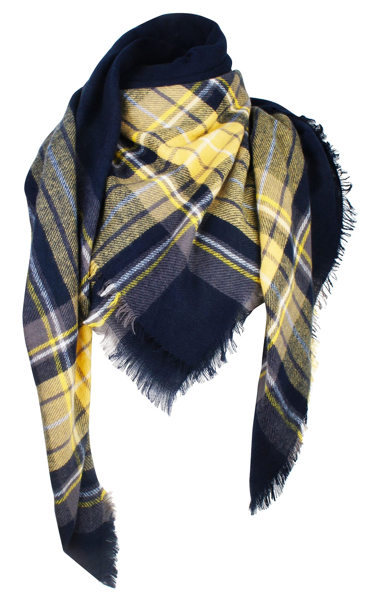 Navy and yellow tartan blanket scarf with fringe, draped on white
