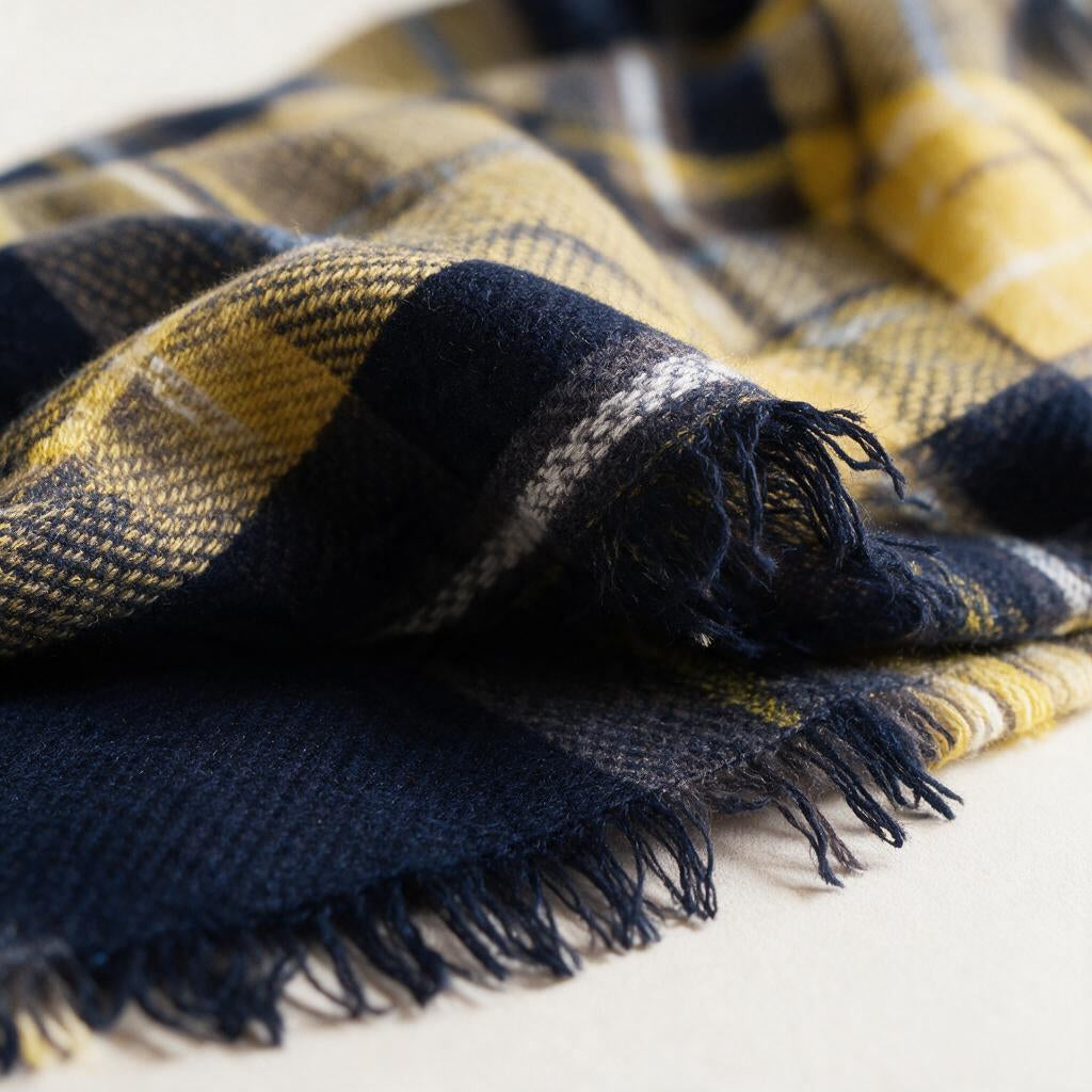 Close-up of the soft brushed plaid weave and frayed navy fringe on the tartan blanket scarf