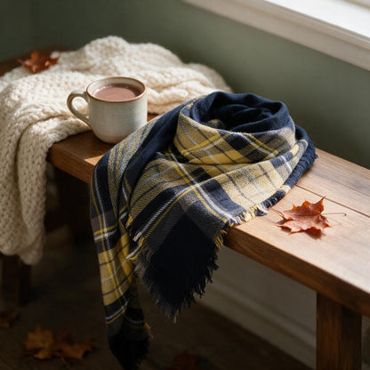 Navy and yellow tartan blanket scarf draped over a wood bench with a cream knit blanket, hot cocoa and autumn leaves
