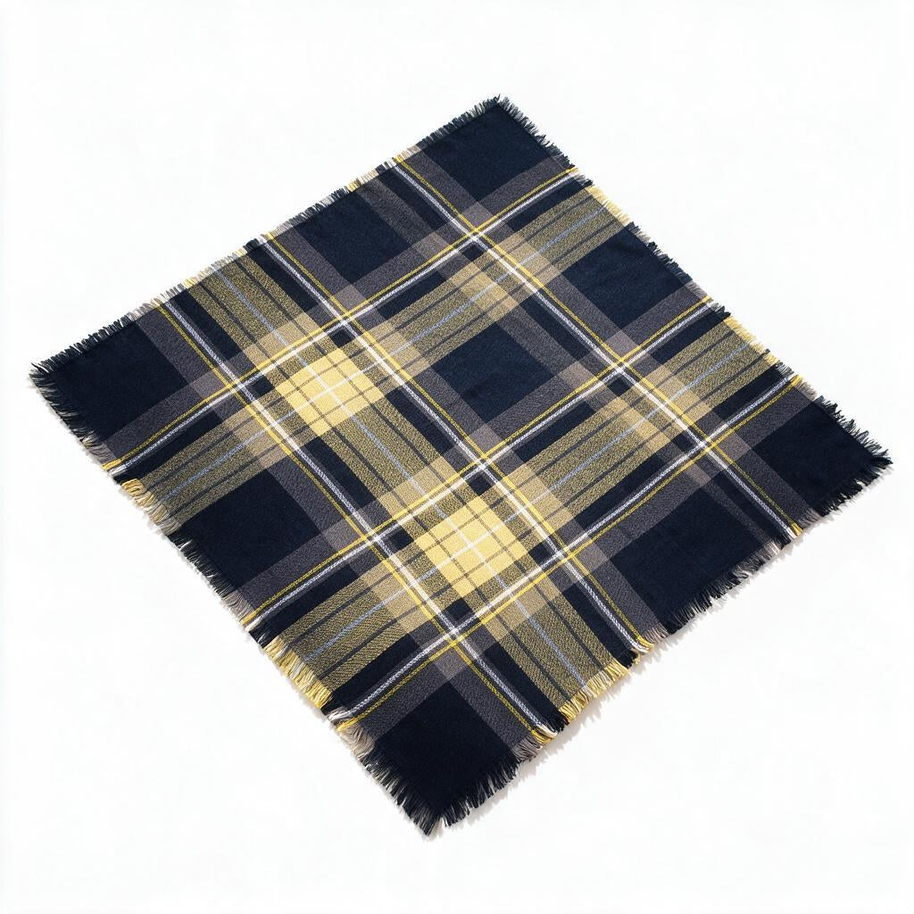Oversized navy and yellow tartan blanket scarf spread flat as a square with fringed edges on a white background