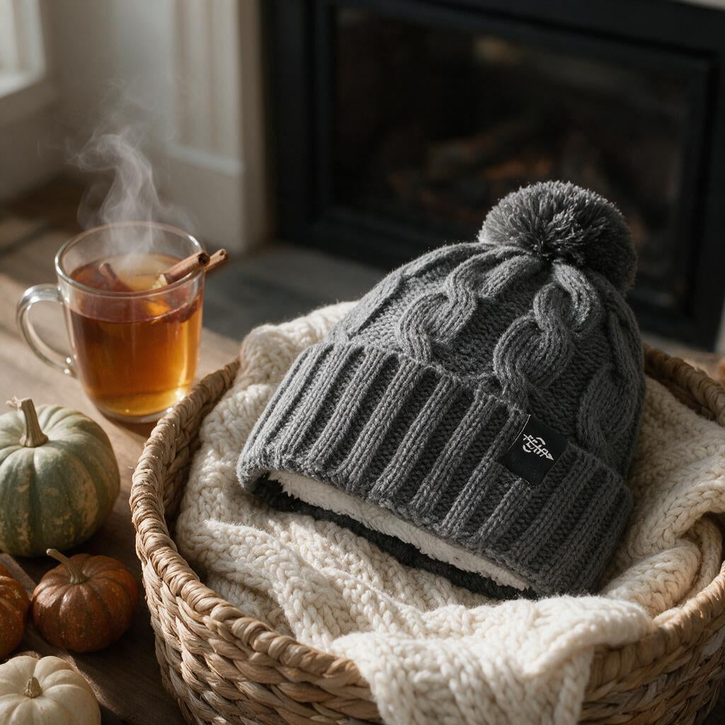 Gray plush-lined cable knit pom beanie in a basket by the fireplace with cider and pumpkins