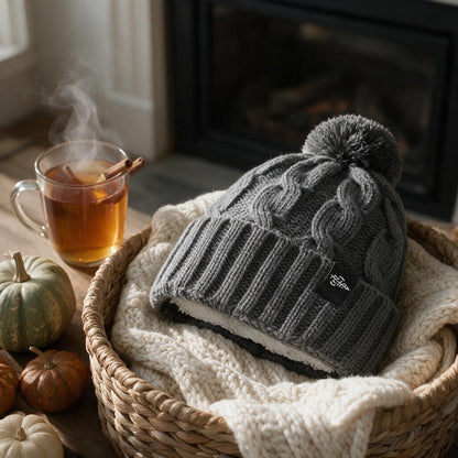 Gray plush-lined cable knit pom beanie in a basket by the fireplace with cider and pumpkins