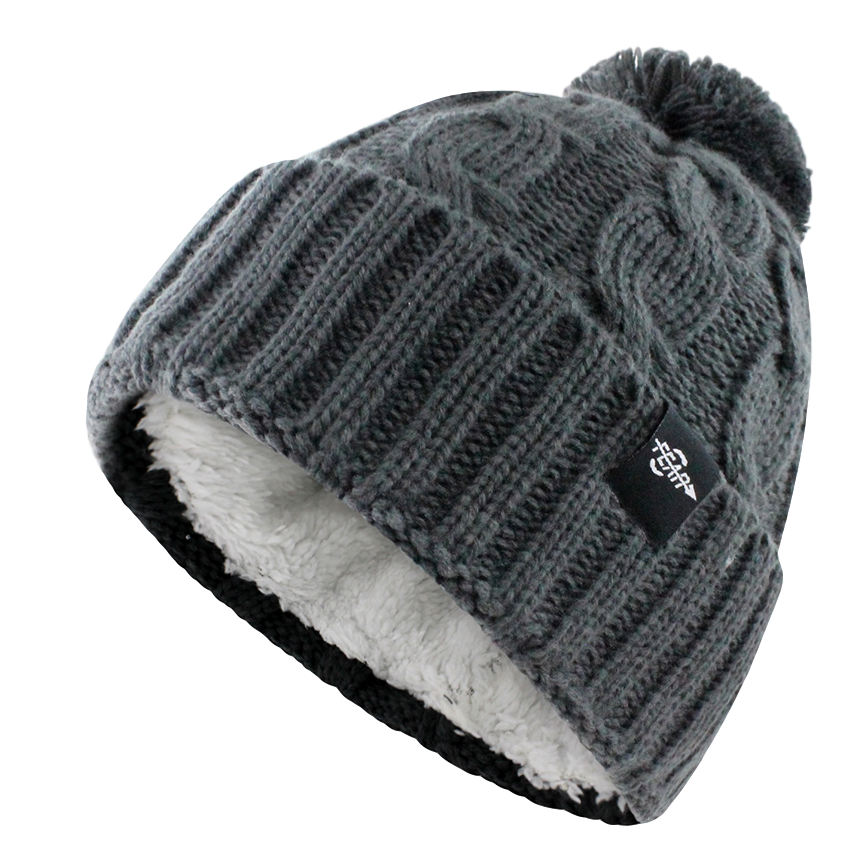 Gray cable knit pom beanie showing the white plush lining