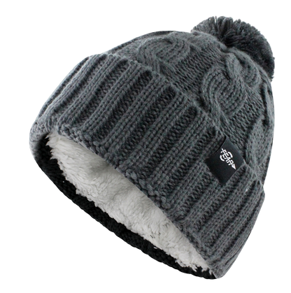 Gray cable knit pom beanie showing the white plush lining