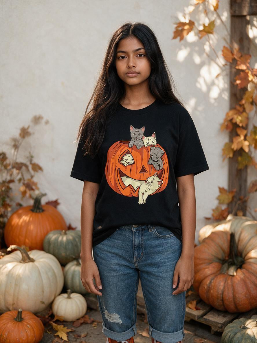 Woman wearing the black pumpkin cat Halloween t-shirt with jeans among pumpkins
