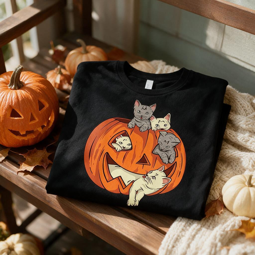 Black pumpkin cat Halloween t-shirt folded on a porch bench with a jack-o-lantern, mini pumpkins and a cream knit throw