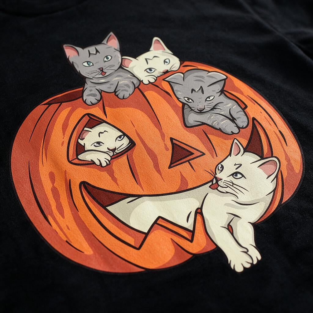 Close-up of the print showing kittens peeking out of a jack-o-lantern on a black t-shirt