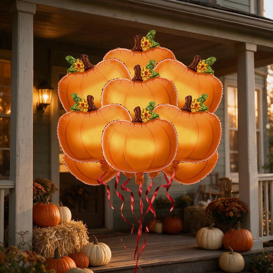 Pumpkin foil balloons floating above a fall-decorated front porch