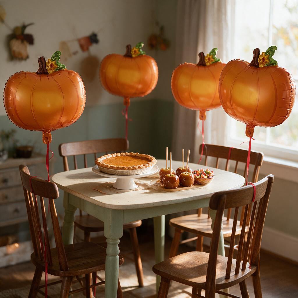Pumpkin foil balloons tied to dining chairs around a fall party table with pumpkin pie and caramel apples