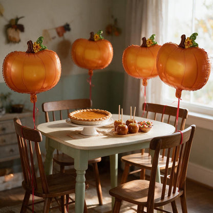 Pumpkin foil balloons tied to dining chairs around a fall party table with pumpkin pie and caramel apples