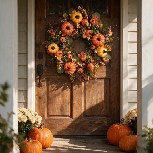 Pumpkin harvest wreath styled on a rustic wooden front door with pumpkins and mums