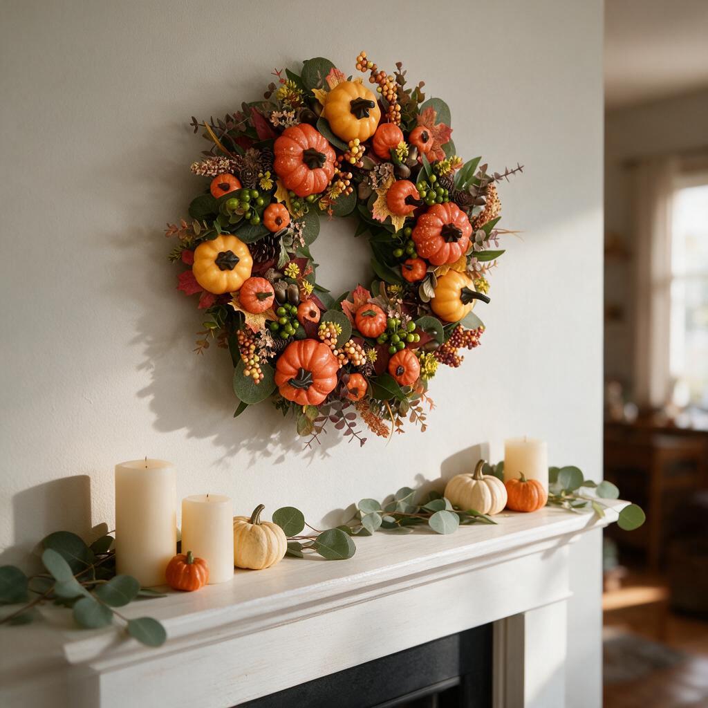 Pumpkin harvest wreath hung above a white fireplace mantel styled with candles, pumpkins and eucalyptus