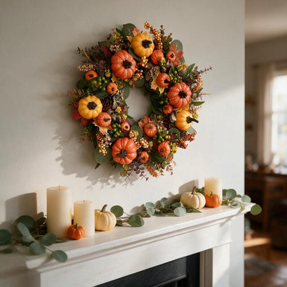Pumpkin harvest wreath hung above a white fireplace mantel styled with candles, pumpkins and eucalyptus