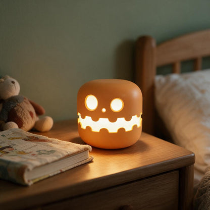 Orange silicone pumpkin night light glowing on a child's bedside table
