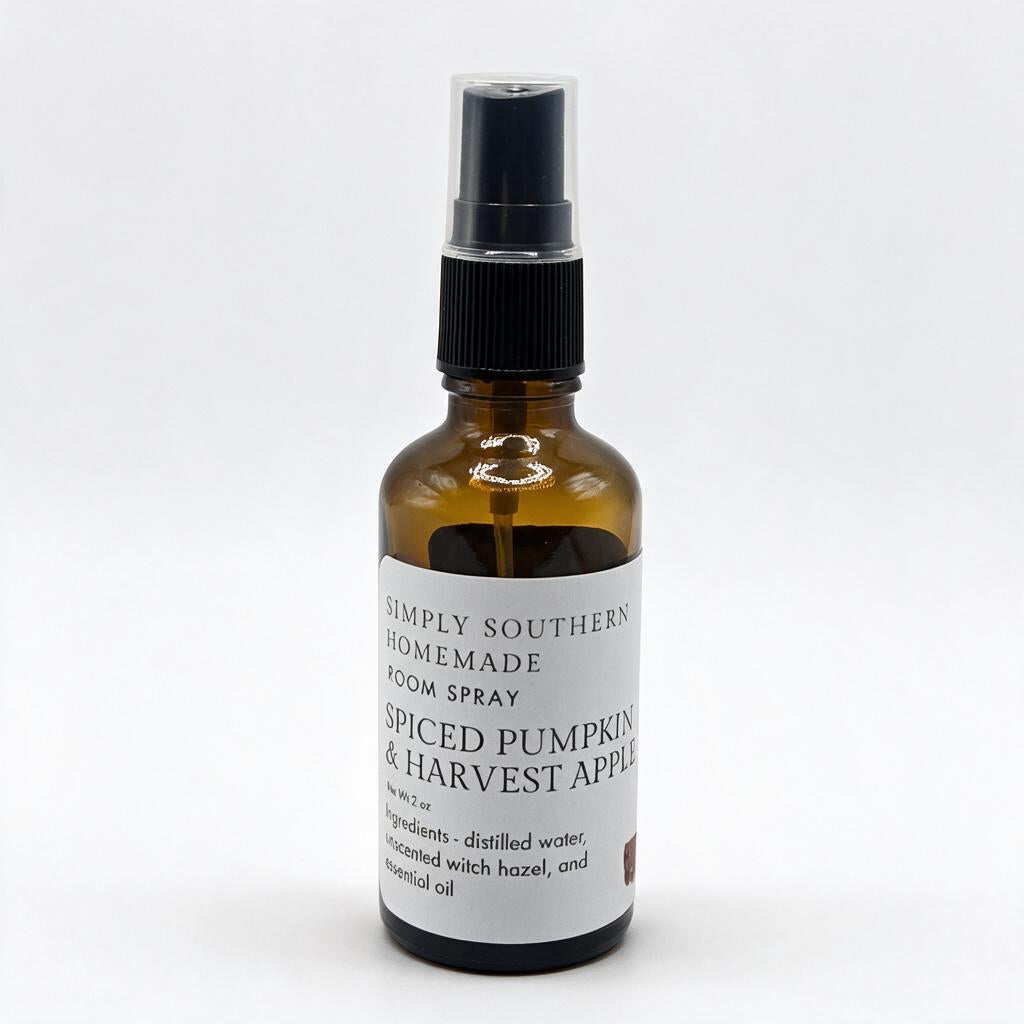 Spiced Pumpkin and Harvest Apple room spray in an amber glass bottle on a white background