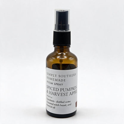 Spiced Pumpkin and Harvest Apple room spray in an amber glass bottle on a white background