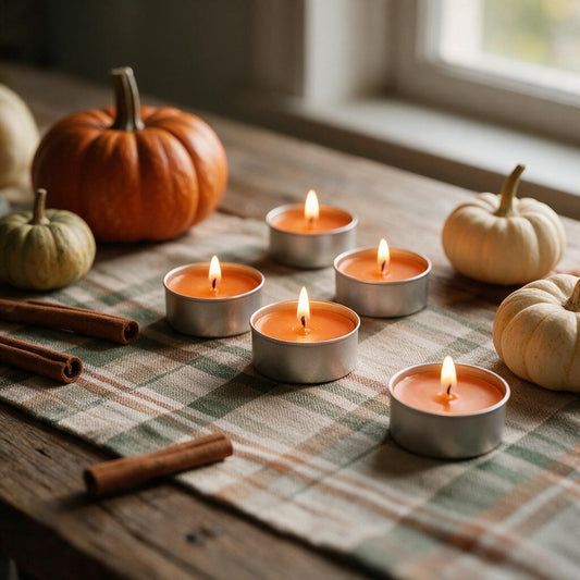 Pumpkin spice tealight candles lit on a farmhouse table with pumpkins and cinnamon sticks