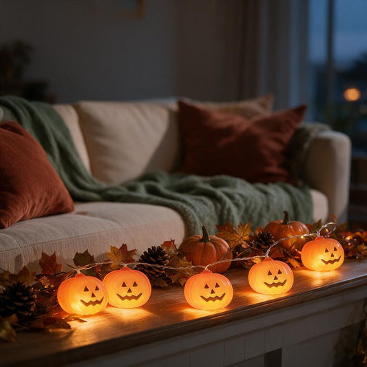 Glowing jack-o-lantern pumpkin string lights on a ledge with leaves and pinecones by a cozy sofa
