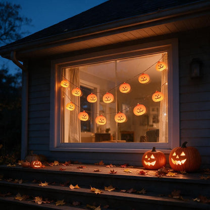 Glowing jack-o-lantern string lights draped across a front window at night with carved pumpkins on the porch