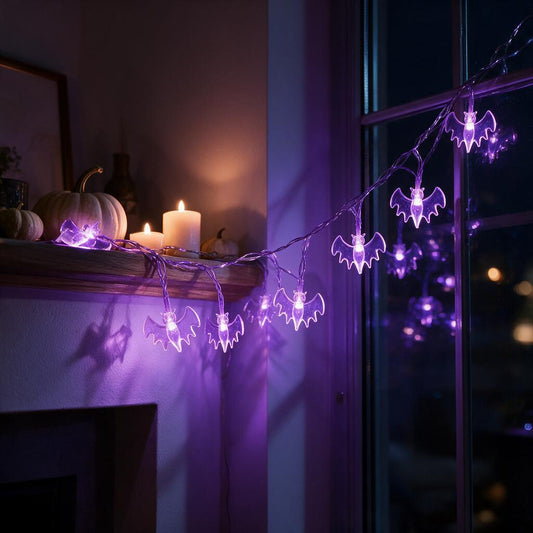 Purple bat LED string lights glowing across a window and mantel at night
