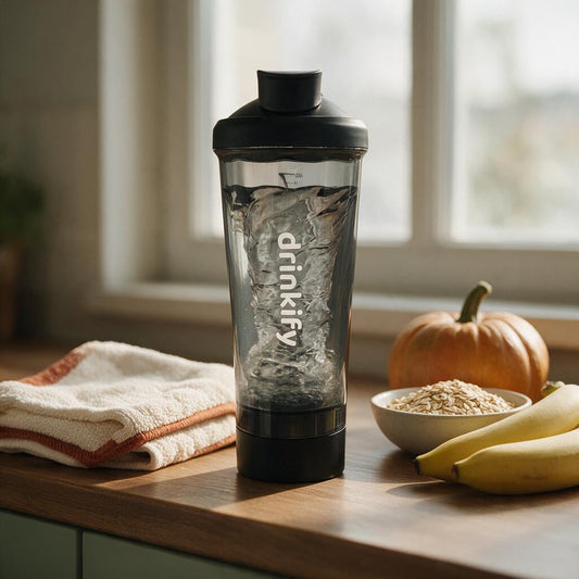 Black electric protein shaker bottle on a kitchen counter with oats, bananas and a pumpkin