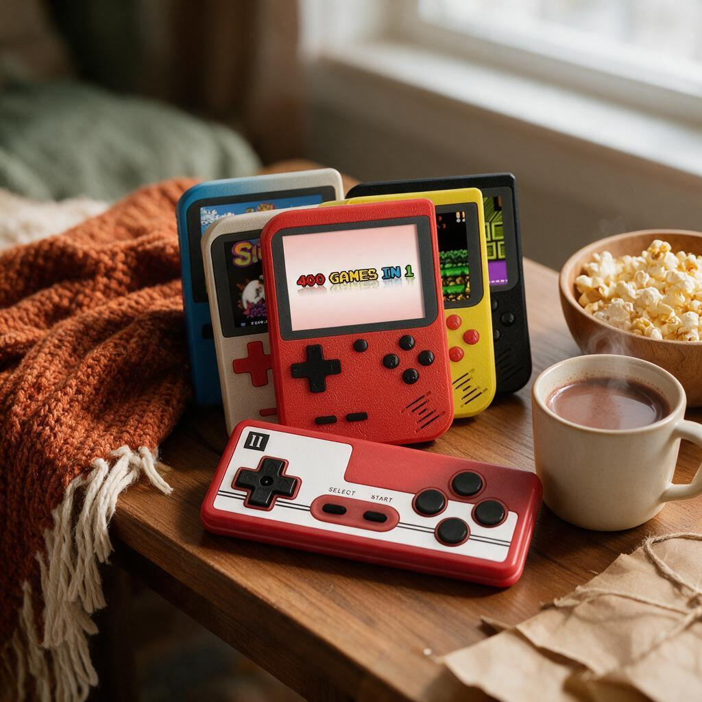Retro handheld game consoles in five colors with the second-player controller on a cozy coffee table