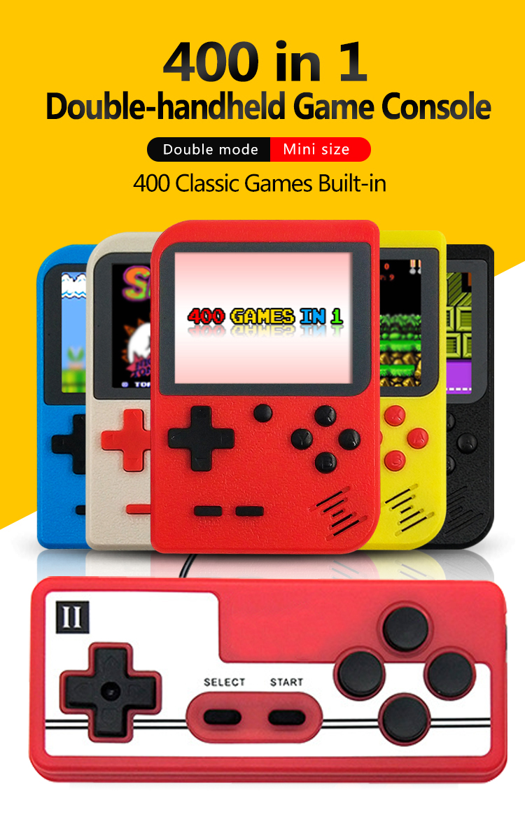 Retro handheld game consoles in 5 colors with second-player controller
